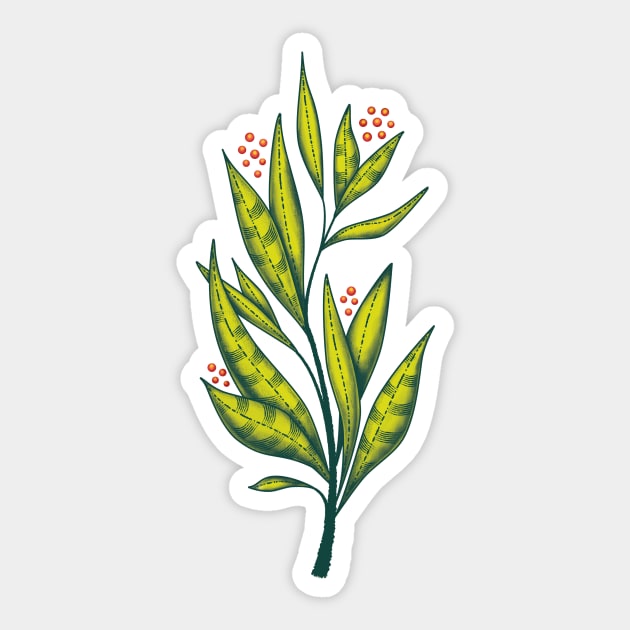 Abstract green plant with decorative leaves and berries Sticker by Boriana Giormova